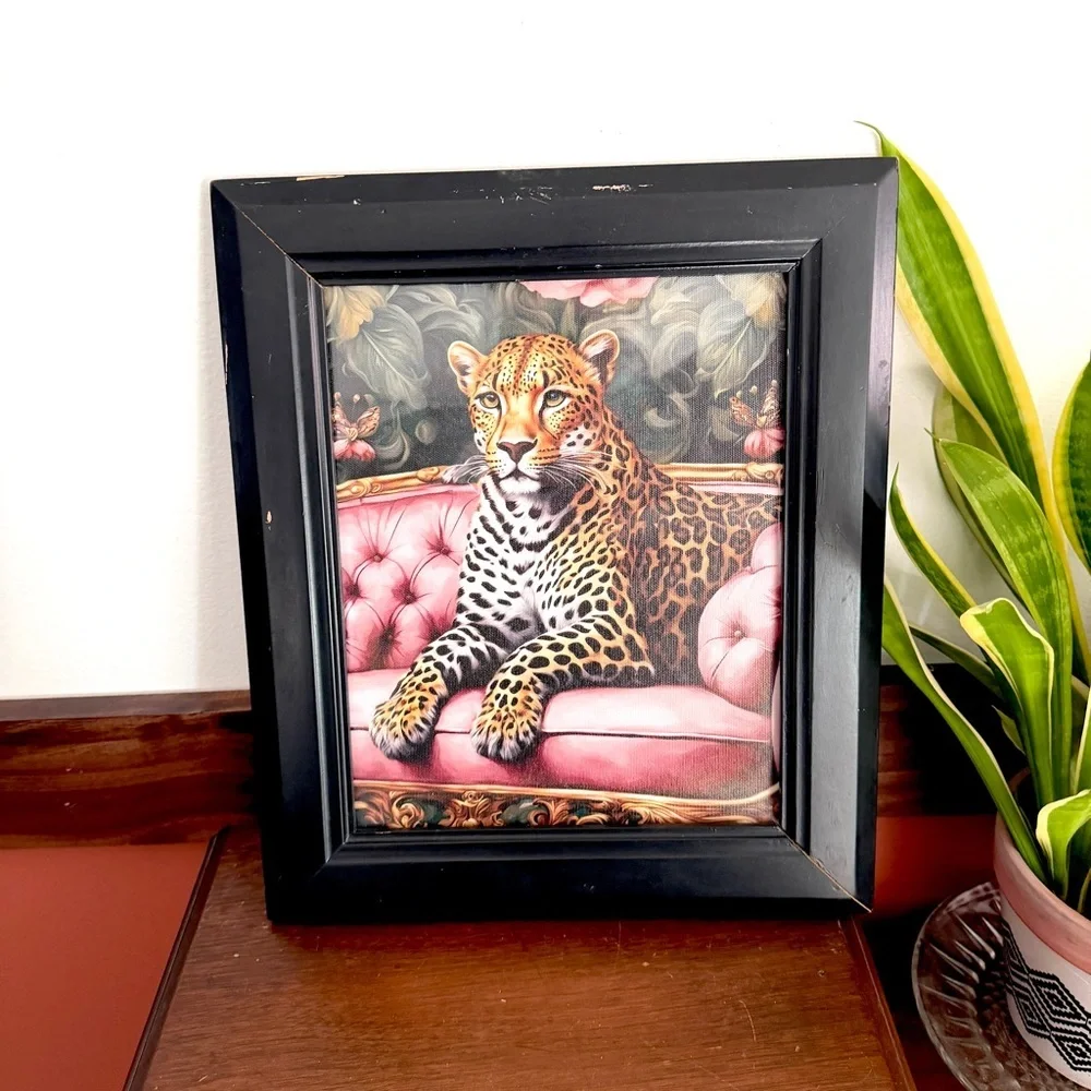 Fancy Leopard on a Pink Couch Moody Floral Canvas Print Black Framed Wall Art